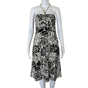 Gap Black White Tropical Floral Print Strapless Linen Cotton Dress Size 4